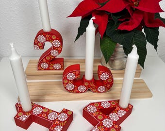 Advent Wreath Numbers 1 to 4, Hand Painted Advent Number Candle Holder in Red and Gold, Advent Decor and Personalized Christmas Gift