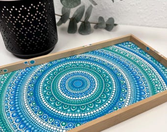 Hand Painted Bamboo Tray with Dot Mandala Art – Jewelry Tray, Candle Tray & Home Decor Accent – Dot Art Gift for Art Lovers
