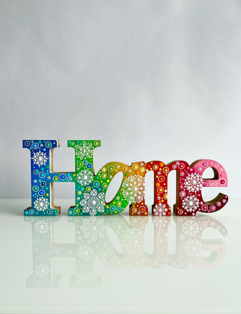 Home, hand-painted wooden lettering dot art, wooden letters hand-painted with colorful mandala flowers made of rainbow acrylics, gift idea image 6
