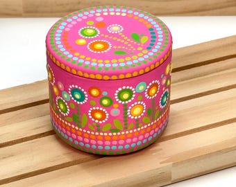 Hand Painted Pink Flower Box with Lid as Jewelry Storage, Colorful Boho Home Decor, Small Keepsake Box and Thoughtful Gift Idea for Her Home