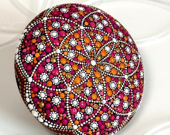 Hand-Painted Mandala Stone with Seed of Life – Intricate Dot Mandala Art in Apricot, Pink, Gold and White for Spiritual Home Decor