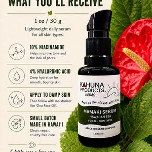 May include: A black bottle of Kahuna Products Hawai'i Mamaki Serum, a lightweight daily serum for all skin types. The label includes the text "Hawaiian Tea" and "Apply to clean damp skin". The image also includes text about the serum's ingredients.