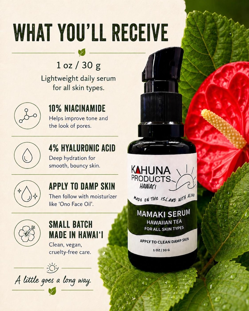 May include: A black bottle of Kahuna Products Hawai'i Mamaki Serum, a lightweight daily serum for all skin types. The label includes the text "Hawaiian Tea" and "Apply to clean damp skin". The image also includes text about the serum's ingredients.
