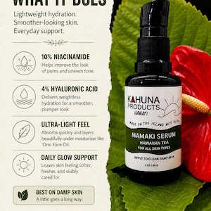 May include: A black bottle of Kahuna Products Mamaki Serum, Hawaiian Tea for all skin types, with a pump dispenser. The label includes the text "Made on the Island with Aloha." The image also includes text about the product's benefits, such as lightweight hydration and smoother-looking skin.