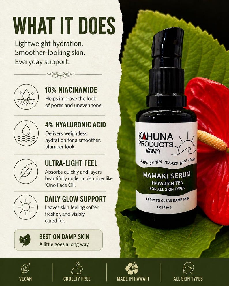 May include: A black bottle of Kahuna Products Mamaki Serum, Hawaiian Tea for all skin types, with a pump dispenser. The label includes the text "Made on the Island with Aloha." The image also includes text about the product's benefits, such as lightweight hydration and smoother-looking skin.