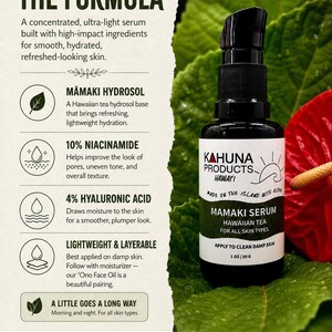 May include: A black bottle of Kahuna Products Mamaki Serum, a Hawaiian tea serum for all skin types. The label includes the text "Made on the Island with Aloha" and "Apply to clean damp skin." The bottle is 1 oz / 30 g.