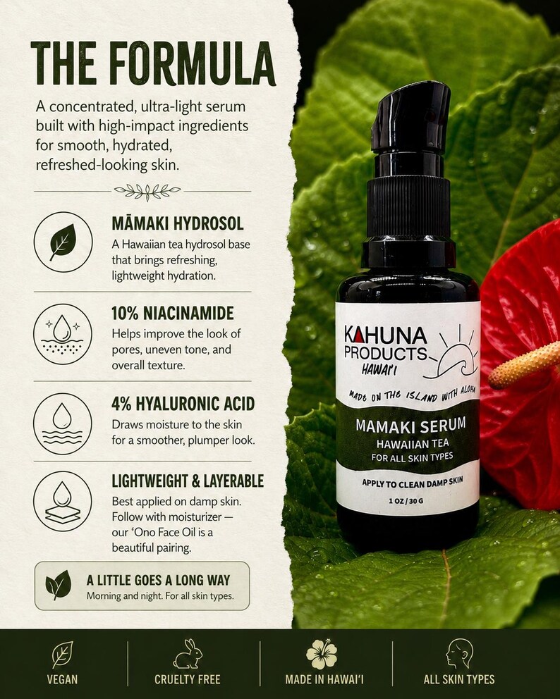 May include: A black bottle of Kahuna Products Mamaki Serum, a Hawaiian tea serum for all skin types. The label includes the text "Made on the Island with Aloha" and "Apply to clean damp skin." The bottle is 1 oz / 30 g.