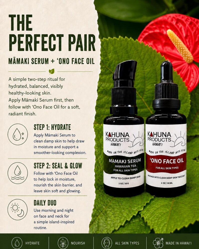 May include: Two black bottles of Kahuna Products skincare products, Mamaki Serum and 'Ono Face Oil, are displayed on a green leaf background. The bottles have white labels with black text. The text on the label reads "Made on the Island with Aloha".