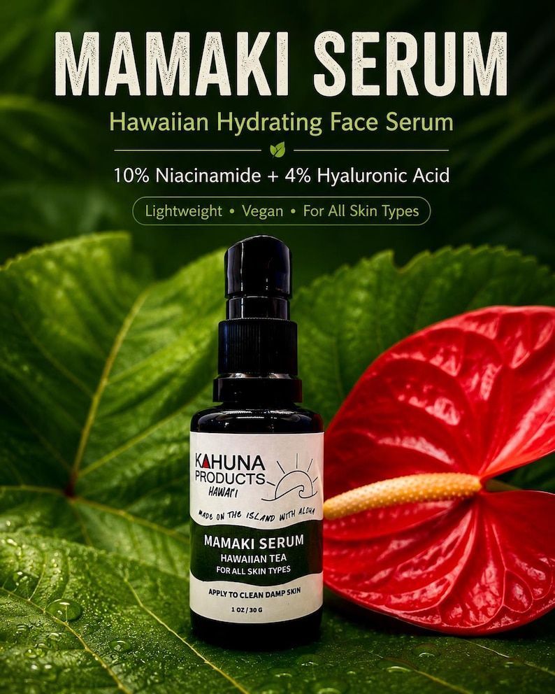 May include: A black bottle of Mamaki Serum, a Hawaiian hydrating face serum, sits on a green leaf. The label reads "Kahuna Products Hawaii" and lists ingredients like 10% Niacinamide and 4% Hyaluronic Acid. The bottle contains 1 oz / 30 g of serum.