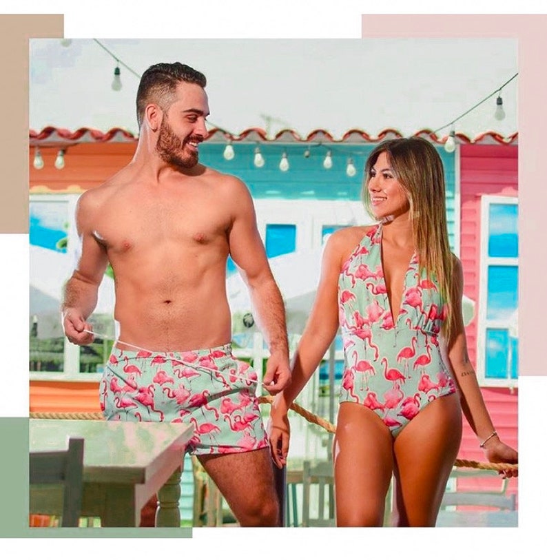 Matching swimsuits, Flamingo print,  swimsuits for couples, men trunks, couples swimsuit, couples matching set, couples gift 