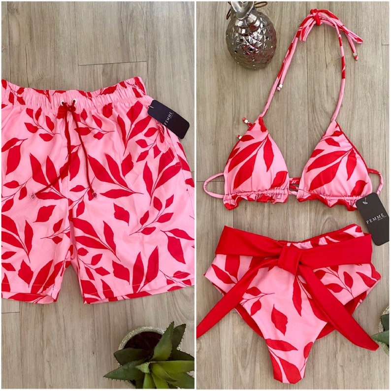 Matching swimsuits, swimsuits for couples, one piece swimsuit, red, pink, men trunks, couples swimsuit, couples matching set 