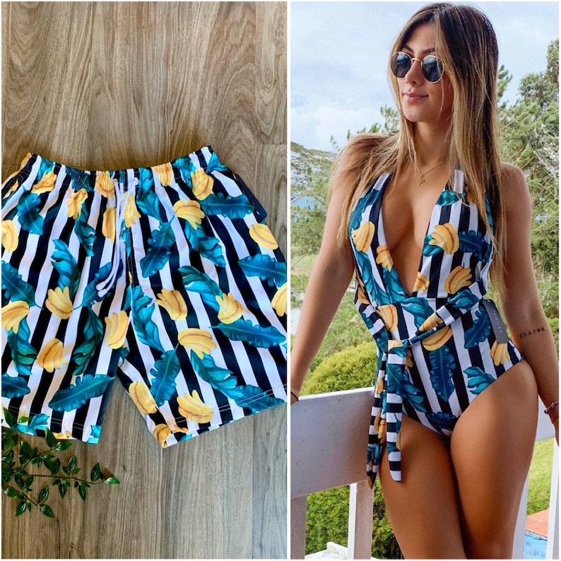 Matching swimsuits, swimsuits for couples, banana print, men trunks, couples swimsuit, couples matching set, couples gift 