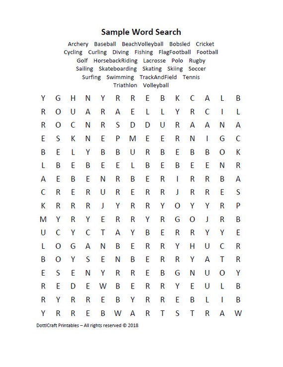 indoor sports word search puzzle printable seek find etsy