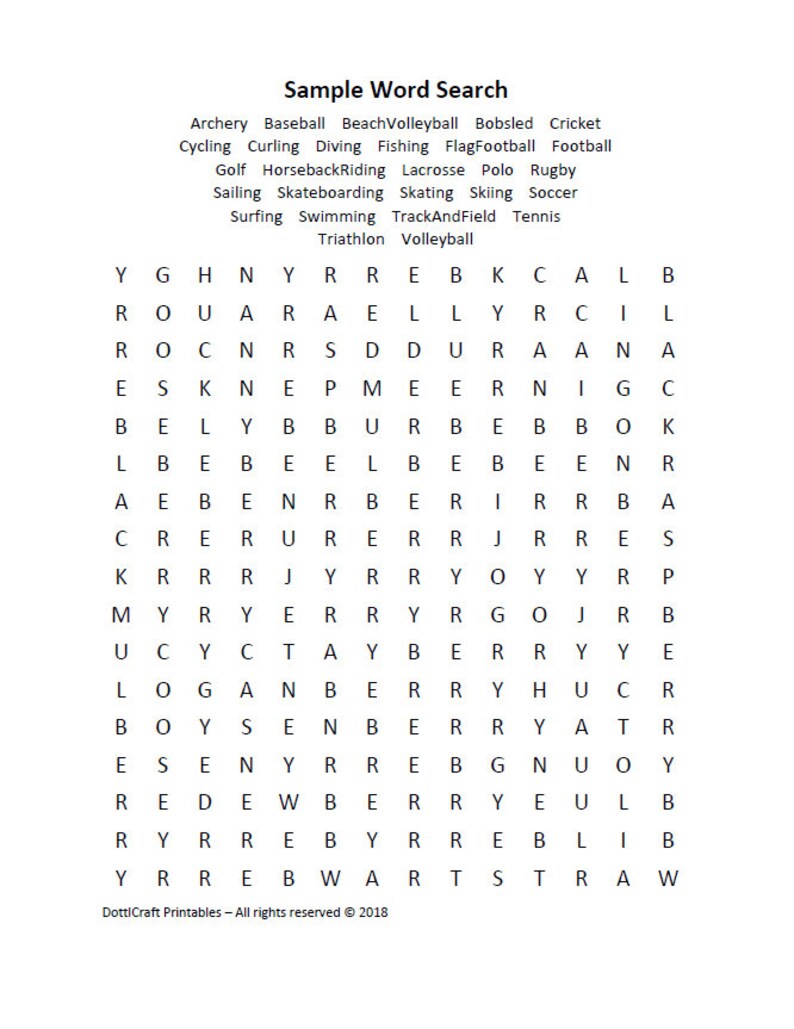 indoor sports word search puzzle printable seek find etsy