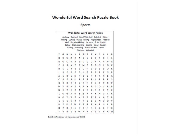 sports word search puzzle book printable seek find etsy