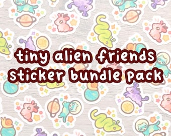 May include: A collection of colorful stickers featuring cartoon aliens, planets, and stars. The stickers are in various shapes and sizes, with the text "tiny alien friends sticker bundle pack" in a bold, red font.