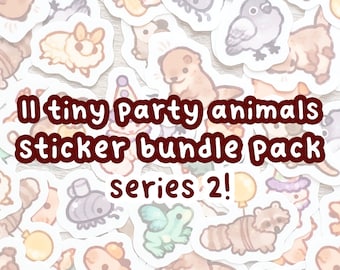 Series 2: Tiny Party Animals Sticker Set of 11 / Mini Animal Stickers / Small Waterproof Stickers, Vinyl Water bottle Stickers