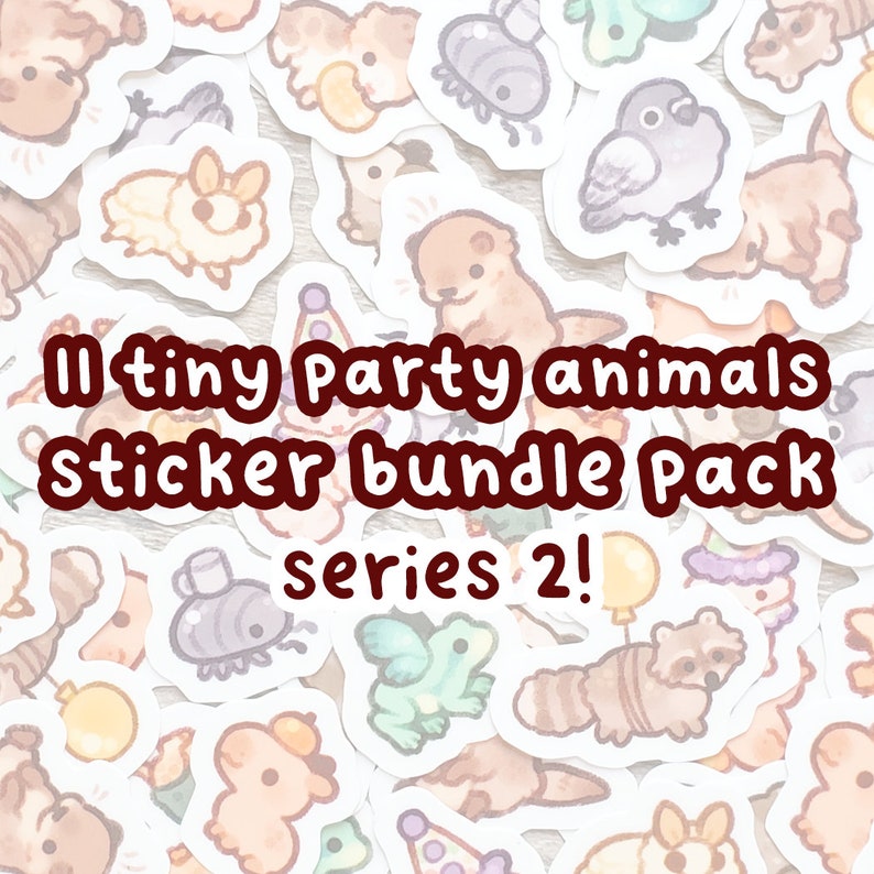 May include: A sticker bundle pack featuring 11 tiny party animals. The stickers are illustrated in a cute cartoon style and feature animals like a raccoon, otter, frog, and more. The text on the image reads "11 tiny party animals sticker bundle pack series 2!"