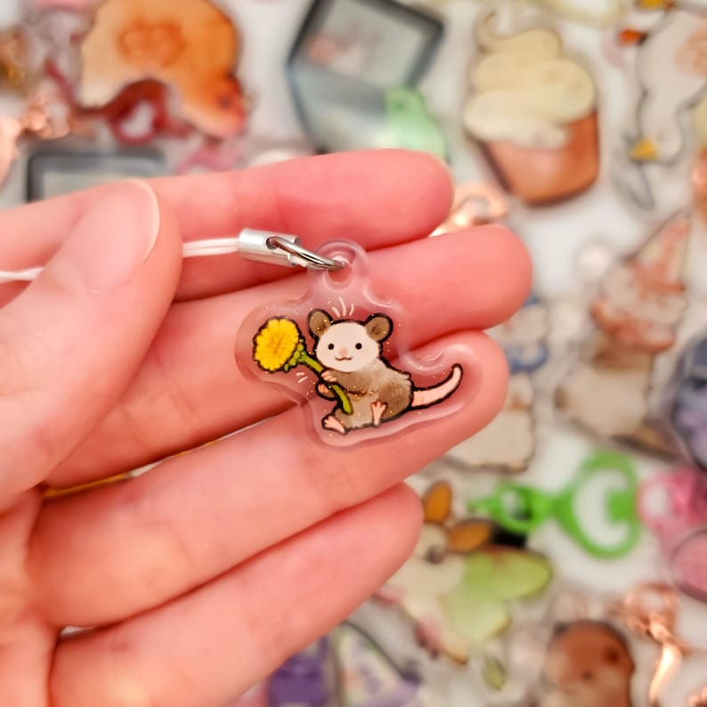 Mini Flower Otter and Possum Acrylic Keychains / 1in Glitter Double-Sided Animal Phone Charms / Possum and Otter Lover Gift Flower Possum