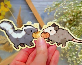 Pumpkin Skunk and Possum Sticker Set / Cute Fall Animal Vinyl Stickers