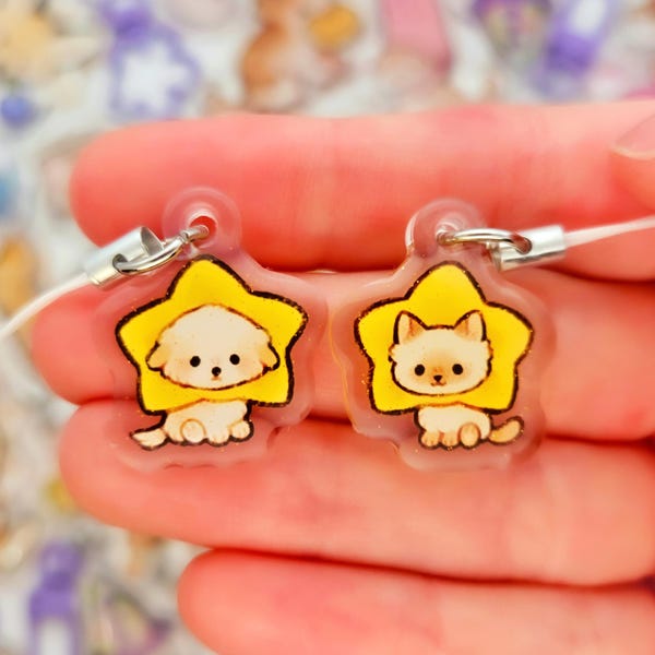 Mini Star Puppy and Kitty Keychains / 1in Glitter Double-Sided Animal Phone Charms / Cute Kawaii Dog and Cat Keychains