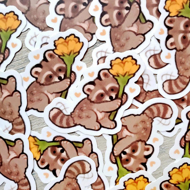 Flower Raccoon Sticker / Cute Animal Sticker / Funny Raccoon Sticker / Gift, Water Bottle, Laptop, Phone Case Vinyl Sticker, gift for her image 1