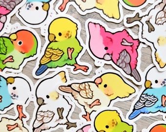 Puede incluir: Una colección de pegatinas de pájaros coloridos en varias poses. Las pegatinas presentan pájaros en tonos de verde, amarillo, rosa, azul y blanco, con contornos negros. Las pegatinas están sobre una superficie gris claro.