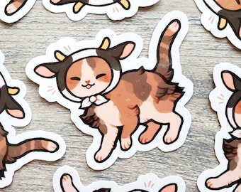 Calicow Cat Sticker / Calico Cat Wearing a Cow Hat Sticker / Cute Animal Stickers / Water Bottle Laptop Desk Notebook Phone Case Stickers