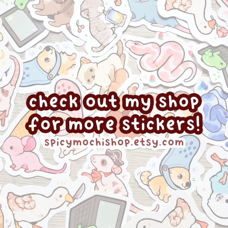 May include: A collection of colorful stickers featuring various animals, including a snake, a frog, a cat, a dog, a mouse, a bird, and a hamster. The stickers are arranged in a random pattern on a wooden surface. The text "check out my shop for more stickers! spicymochishop.etsy.com" is printed on the stickers.
