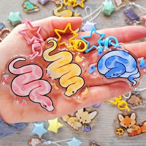Fruit Salad Snakes Keychain Set / 2in Glitter Double-Sided Acrylic Charms / Fun Animal Gift for Reptile Lover