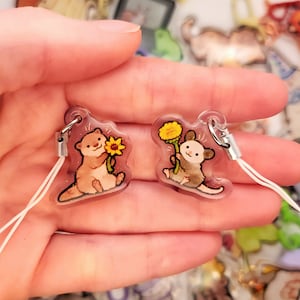 Mini Flower Otter and Possum Acrylic Keychains / 1in Glitter Double-Sided Animal Phone Charms / Possum and Otter Lover Gift