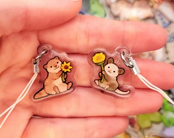 Mini Flower Otter and Possum Acrylic Keychains / 1in Glitter Double-Sided Animal Phone Charms / Possum and Otter Lover Gift