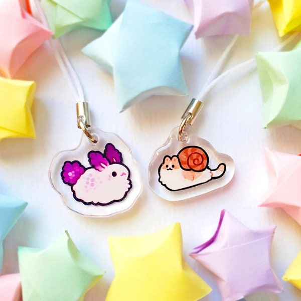 Mini Sea Bunny and Snail Cat Acrylic Keychain Set of 2 / 1in Double-Sided Glitter Epoxy Phone Charms / Bunny and Cat Lover Gift