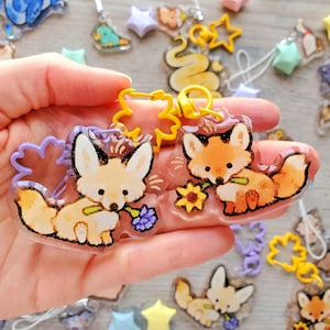 Matching Flower Fox Keychain Set / 2in Glitter Double-Sided Acrylic Charms / Cute Animal Lover Gift for Her