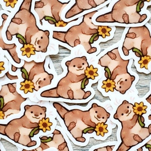 Mini Flower Otter and Possum Sticker Set of 2 / Cute Animal Vinyl Stickers for Water Bottles, Laptops & Notebooks / Best Friend Gift for her image 2