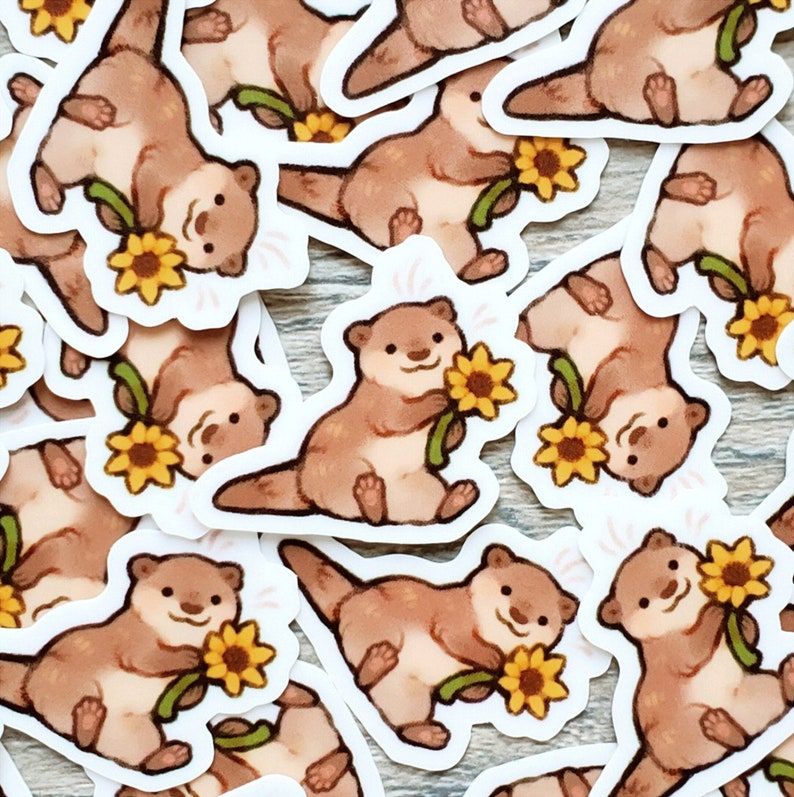 Mini Flower Otter and Possum Sticker Set of 2 / Cute Animal Vinyl Stickers for Water Bottles, Laptops & Notebooks / Best Friend Gift for her image 2