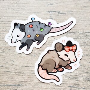 May include: Two cute cartoon opossum stickers. One opossum is gray with a pink tail and has colorful flowers on its back. The other opossum is brown with a pink tail and is wearing a red bow.