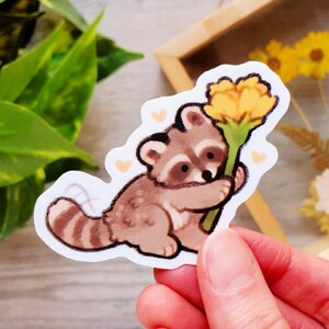 Flower Raccoon Sticker / Cute Animal Sticker / Funny Raccoon Sticker / Gift, Water Bottle, Laptop, Phone Case Vinyl Sticker, gift for her image 2