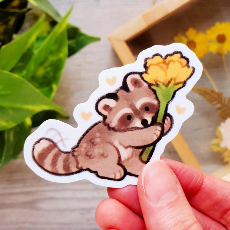 Flower Raccoon Sticker / Cute Animal Sticker / Funny Raccoon Sticker / Gift, Water Bottle, Laptop, Phone Case Vinyl Sticker, gift for her image 2