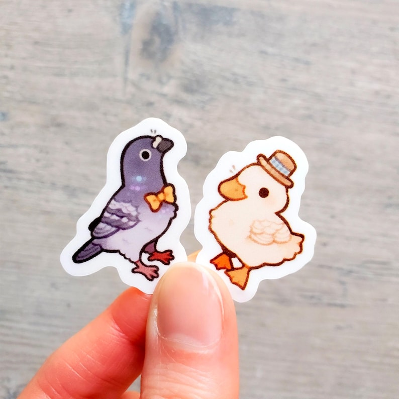 Mini Dapper Birds Sticker Set of 2 / Cute Waterproof Vinyl Pigeon and Duck Laptop Stickers image 2