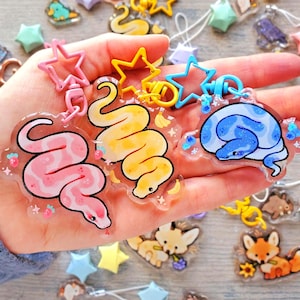 Fruit Salad Snakes Keychains / 2in Glitter Double-Sided Acrylic Charms / Fun Animal Gift for Reptile Lover