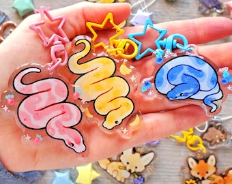 Fruit Salad Snakes Keychains / 2in Glitter Double-Sided Acrylic Charms / Fun Animal Gift for Reptile Lover