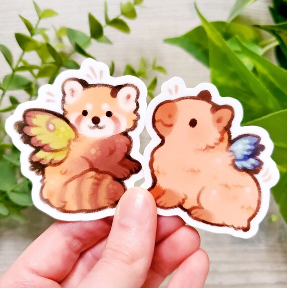 Fairy Red Panda and Capybara Sticker Set of 2 / Cute Animal Stickers / Vinyl Water Bottle Laptop Notebook Phone Case Stickers