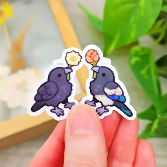 Mini Flower Crow and Magpie Sticker Set of 2 / Cute Bird Vinyl Stickers for Water Bottle, Laptop, or Notebook / Gift for Bird Lovers