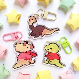 Cozy Dinosaur Keychain Set / 2in Triceratops, Brachiosaurus, T-Rex Glitter Double-Sided Acrylic Charms / Cute Animal Bag Charms