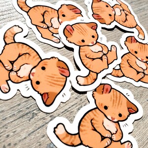 May include: A set of six orange and white cartoon cat stickers. Each sticker features a different pose of a cat with a white belly and orange stripes.