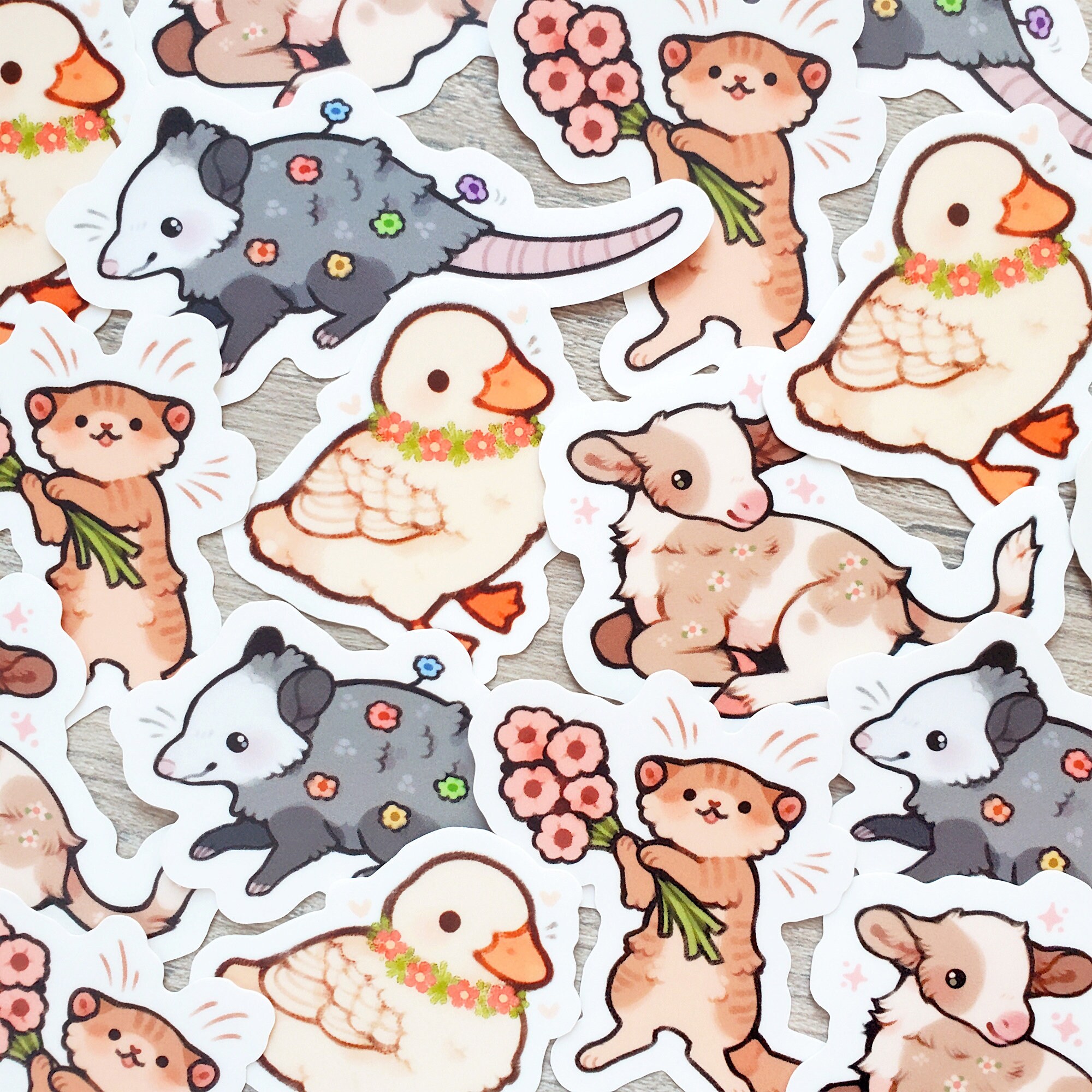 Wth Sticker Flower Friends Sticker Set of 4: Cat, Cow, Opossum, Ducky / Spring ...
