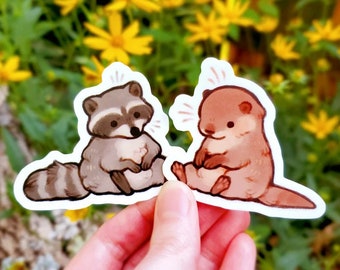 Sitting Otter and Raccoon Sticker Set of 2 / Cute Animal Stickers / Water Bottle Laptop Desk Notebook Phone Case Stickers / Vinyl Stickers