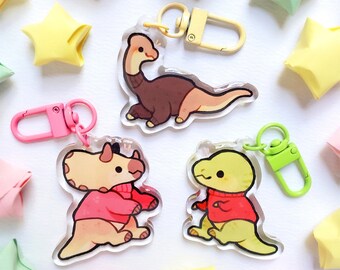 Cozy Creature Charms / Triceratops, T-rex, Brachiosaurus Keychains / 2in / Double Sided Acrylic Dinosaur Keychains