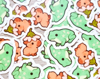 Mini Flower Friends Sticker Set of 2 / Capybara Sticker / Frog Sticker / Cute Animal Sticker / Laptop Sticker / Vinyl Sticker